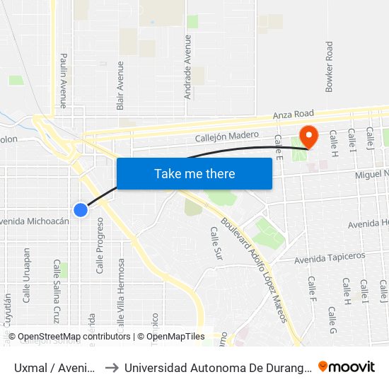 Uxmal / Avenida Jalisco to Universidad Autonoma De Durango Campus Mexicali map