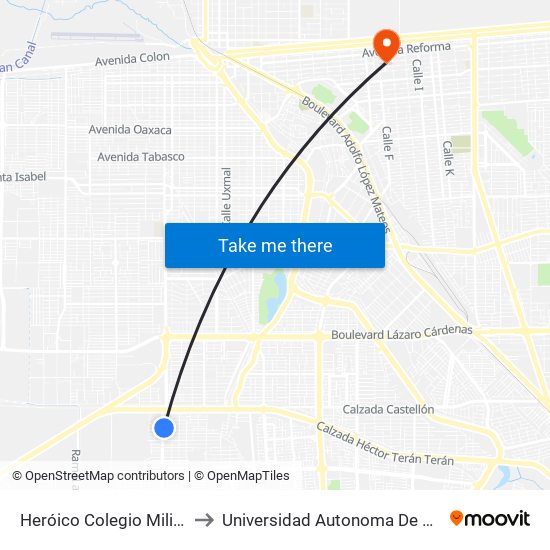 Heróico Colegio Militar / Martín Cabrera to Universidad Autonoma De Durango Campus Mexicali map