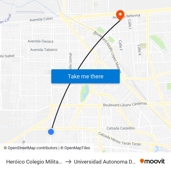 Heróico Colegio Militar / Francisco Moctezuma to Universidad Autonoma De Durango Campus Mexicali map