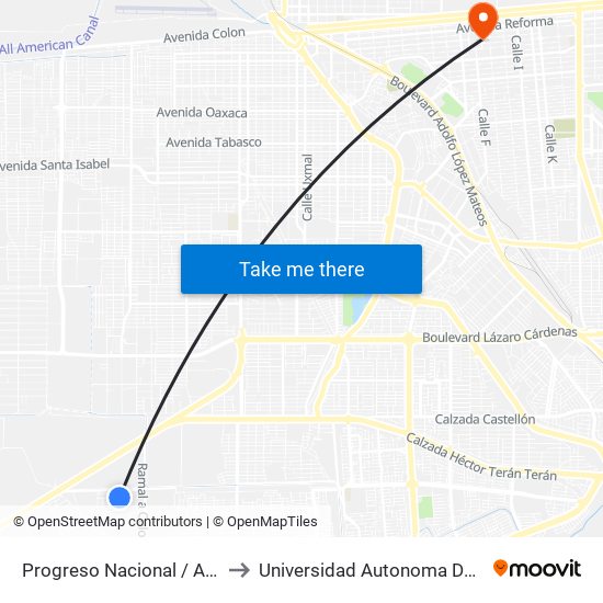 Progreso Nacional / Avenida Lázaro Cárdenas to Universidad Autonoma De Durango Campus Mexicali map