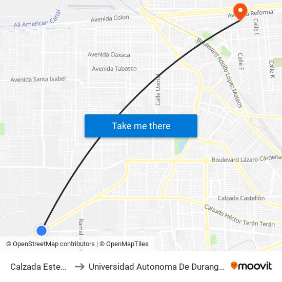 Calzada Esteban Cantú to Universidad Autonoma De Durango Campus Mexicali map