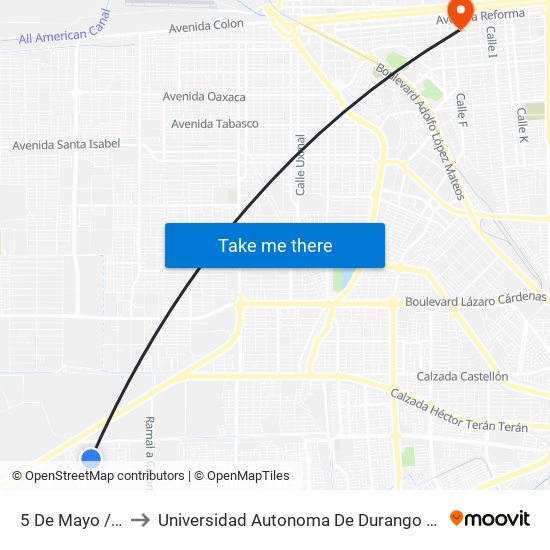 5 De Mayo / Quinta to Universidad Autonoma De Durango Campus Mexicali map