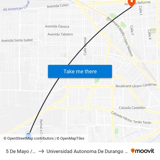 5 De Mayo / Octava to Universidad Autonoma De Durango Campus Mexicali map