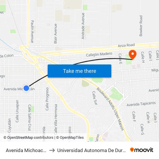 Avenida Michoacán / Acapulco to Universidad Autonoma De Durango Campus Mexicali map