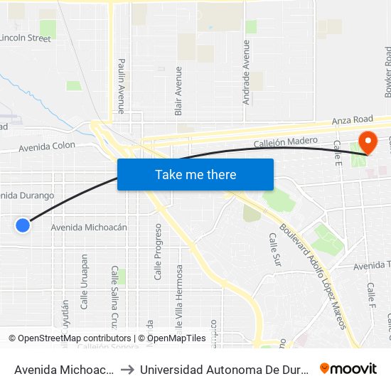 Avenida Michoacán / Mazatlán to Universidad Autonoma De Durango Campus Mexicali map