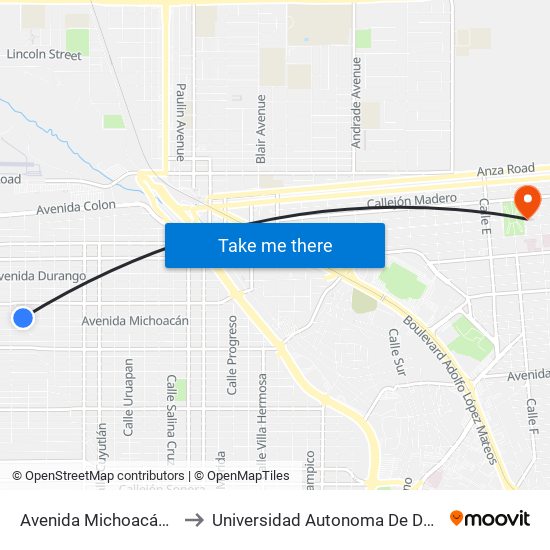 Avenida Michoacán / Mar De Cortez to Universidad Autonoma De Durango Campus Mexicali map