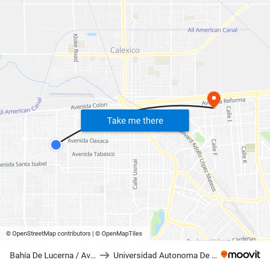 Bahía De Lucerna / Avenida Real Del Castillo to Universidad Autonoma De Durango Campus Mexicali map
