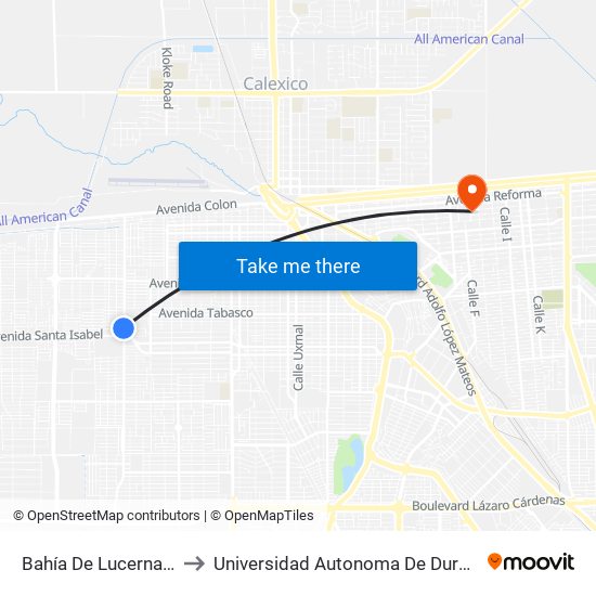 Bahía De Lucerna / Valle Verde to Universidad Autonoma De Durango Campus Mexicali map