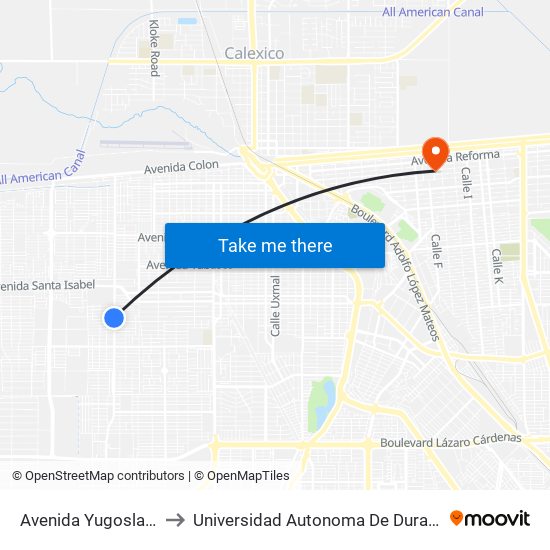 Avenida Yugoslavia / Uganda to Universidad Autonoma De Durango Campus Mexicali map