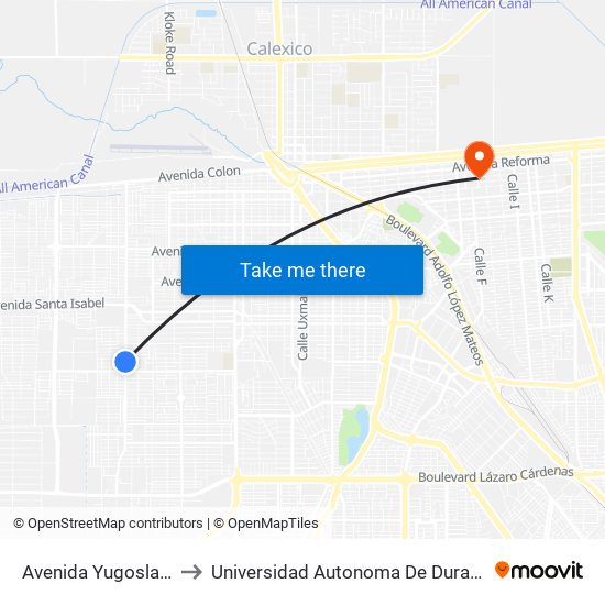 Avenida Yugoslavia / Bélgica to Universidad Autonoma De Durango Campus Mexicali map