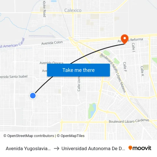 Avenida Yugoslavia / Avenida España to Universidad Autonoma De Durango Campus Mexicali map