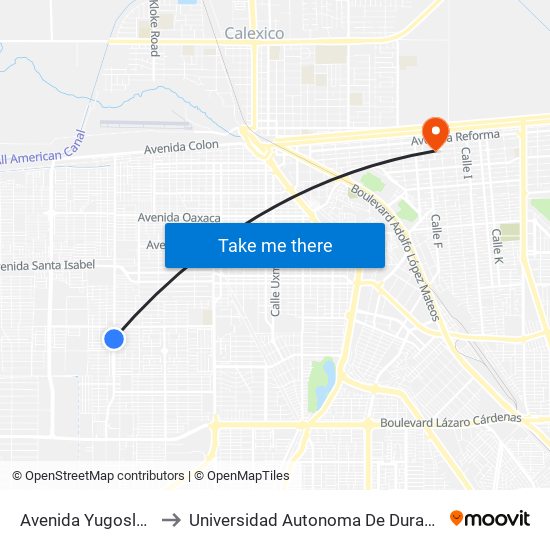 Avenida Yugoslavia / Grecia to Universidad Autonoma De Durango Campus Mexicali map