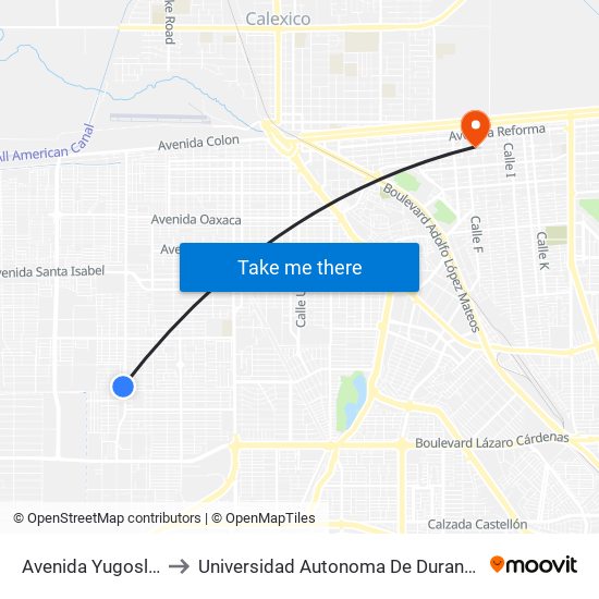 Avenida Yugoslavia / Siria to Universidad Autonoma De Durango Campus Mexicali map