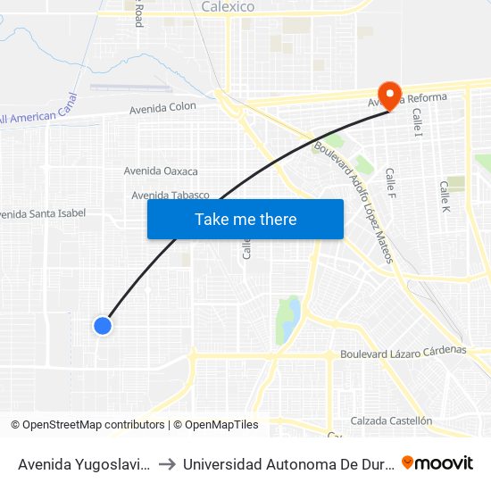 Avenida Yugoslavia / Universidad to Universidad Autonoma De Durango Campus Mexicali map