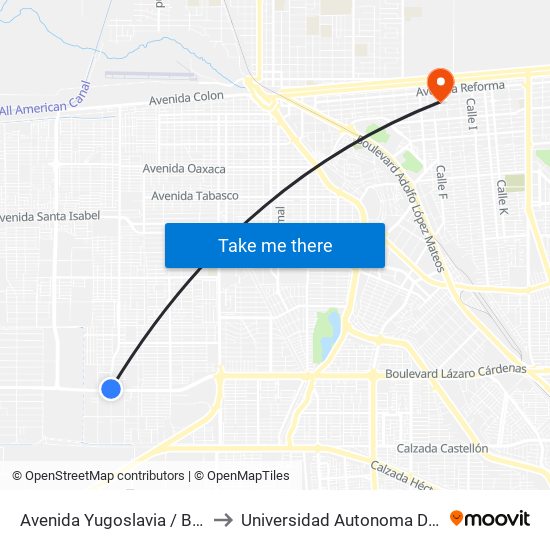 Avenida Yugoslavia / Boulevard Lázaro Cárdenas to Universidad Autonoma De Durango Campus Mexicali map