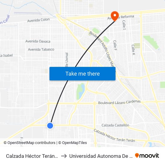 Calzada Héctor Terán Terán / Mariano Salas to Universidad Autonoma De Durango Campus Mexicali map