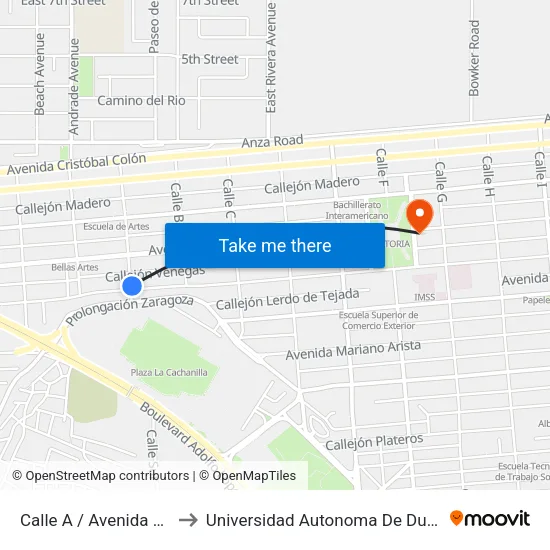 Calle A / Avenida Lerdo De Tejeda to Universidad Autonoma De Durango Campus Mexicali map