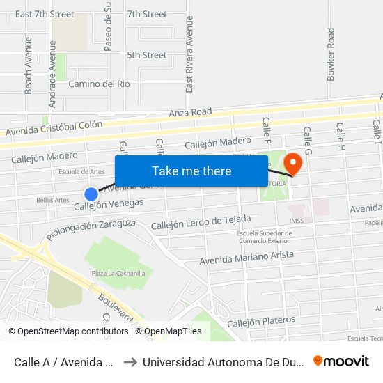 Calle A / Avenida Álvaro González to Universidad Autonoma De Durango Campus Mexicali map