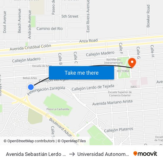 Avenida Sebastián Lerdo De Tejada / Pedro Pérez Y Ramírez to Universidad Autonoma De Durango Campus Mexicali map