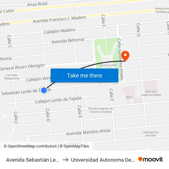 Avenida Sebastián Lerdo De Tejada / Calle D to Universidad Autonoma De Durango Campus Mexicali map