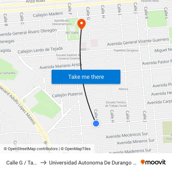Calle G / Tapiceros to Universidad Autonoma De Durango Campus Mexicali map