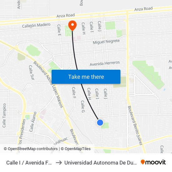 Calle I / Avenida Francisco Mujica to Universidad Autonoma De Durango Campus Mexicali map