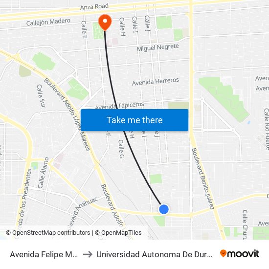 Avenida Felipe Martell / Calle J to Universidad Autonoma De Durango Campus Mexicali map