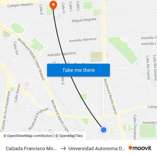 Calzada Francisco Montejano / Jesús Solórzano to Universidad Autonoma De Durango Campus Mexicali map