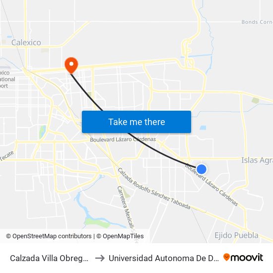 Calzada Villa Obregón / Villa Del Paseo to Universidad Autonoma De Durango Campus Mexicali map