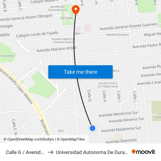 Calle G / Avenida Madereros to Universidad Autonoma De Durango Campus Mexicali map