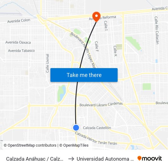 Calzada Anáhuac / Calzada Castellón O Islas Malvinas to Universidad Autonoma De Durango Campus Mexicali map