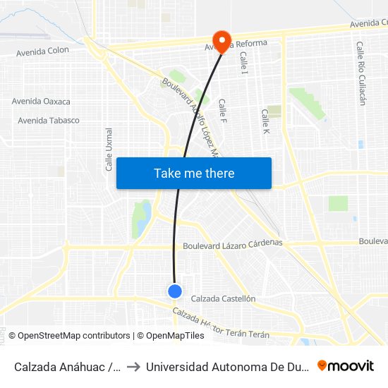 Calzada Anáhuac / Angel Vásquez to Universidad Autonoma De Durango Campus Mexicali map