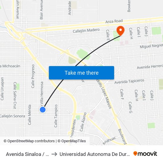 Avenida Sinaloa / Villa Hermosa to Universidad Autonoma De Durango Campus Mexicali map