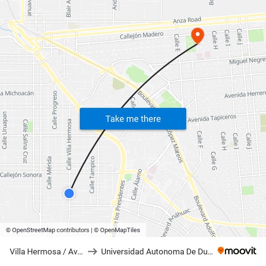 Villa Hermosa / Avenida Chihuahua to Universidad Autonoma De Durango Campus Mexicali map