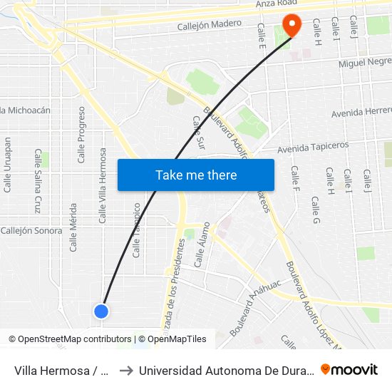 Villa Hermosa / Avenida Ixtlán to Universidad Autonoma De Durango Campus Mexicali map