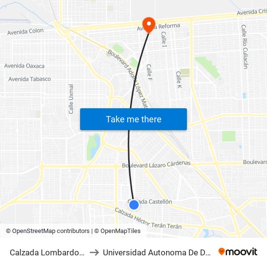 Calzada Lombardo Toledano / Soria to Universidad Autonoma De Durango Campus Mexicali map