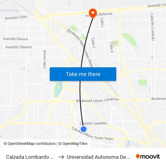 Calzada Lombardo Toledano / Aranjuez to Universidad Autonoma De Durango Campus Mexicali map