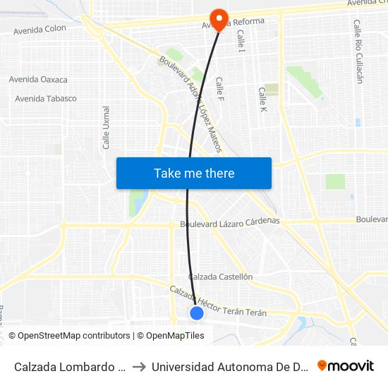 Calzada Lombardo Toledano / Coapa to Universidad Autonoma De Durango Campus Mexicali map