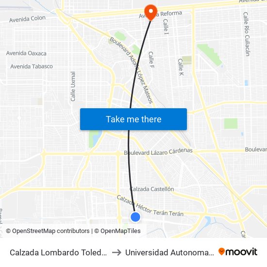 Calzada Lombardo Toledano / Calzada Laguna Xochimilco to Universidad Autonoma De Durango Campus Mexicali map