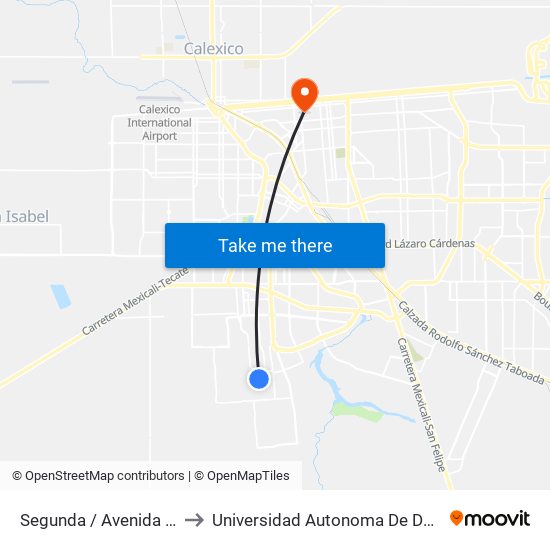 Segunda / Avenida Lago Xochimilco to Universidad Autonoma De Durango Campus Mexicali map