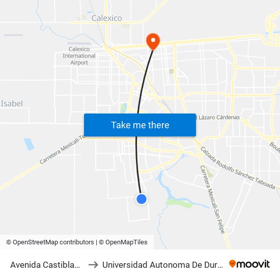 Avenida Castiblanco / Siqueiros to Universidad Autonoma De Durango Campus Mexicali map