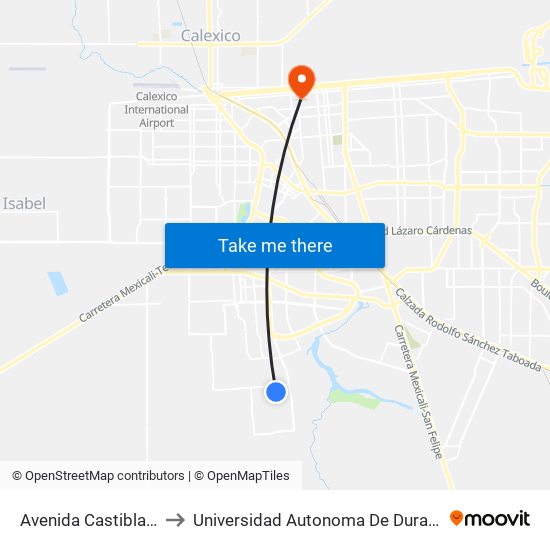 Avenida Castiblanco / Roncal to Universidad Autonoma De Durango Campus Mexicali map