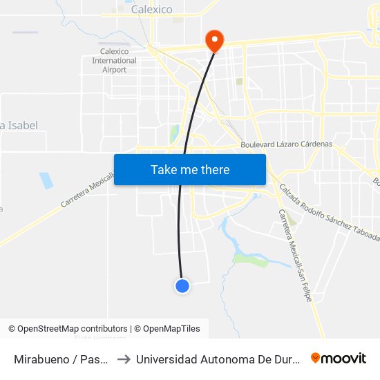 Mirabueno / Paseo Avellaneda to Universidad Autonoma De Durango Campus Mexicali map
