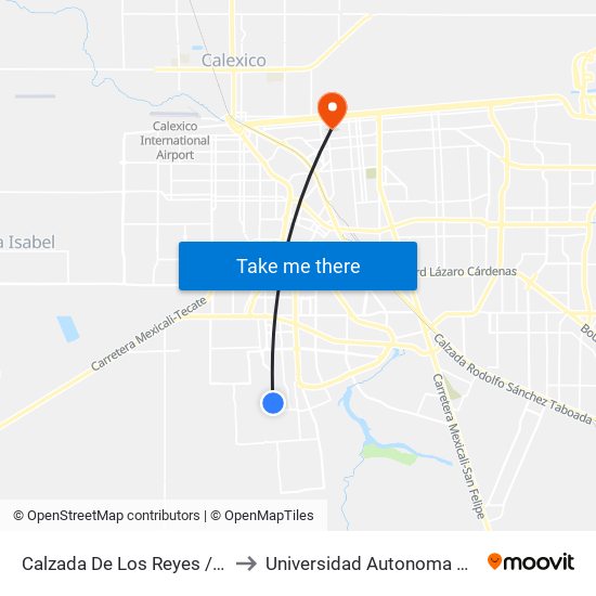 Calzada De Los Reyes / Avenida Montes De Toledo to Universidad Autonoma De Durango Campus Mexicali map