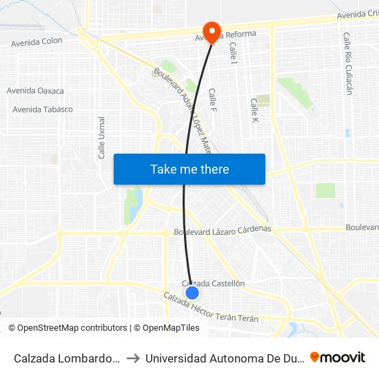 Calzada Lombardo Toledano / Jaén to Universidad Autonoma De Durango Campus Mexicali map