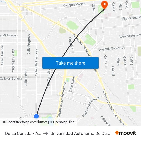 De La Cañada / Avenida Taxco to Universidad Autonoma De Durango Campus Mexicali map