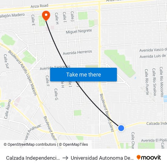 Calzada Independencia / María Fermín Rivera to Universidad Autonoma De Durango Campus Mexicali map