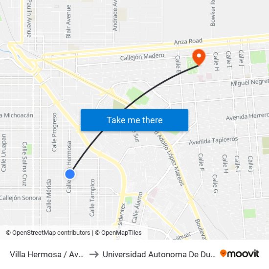 Villa Hermosa / Avenida Zacatecas to Universidad Autonoma De Durango Campus Mexicali map