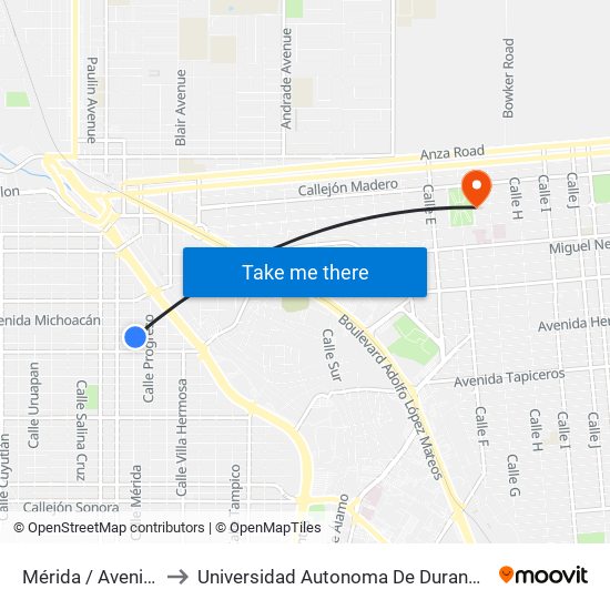 Mérida / Avenida Nayarit to Universidad Autonoma De Durango Campus Mexicali map