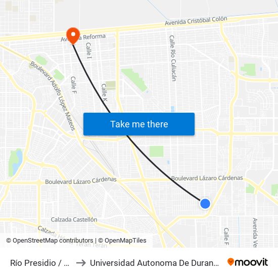 Río Presidio / Cerro Azul to Universidad Autonoma De Durango Campus Mexicali map
